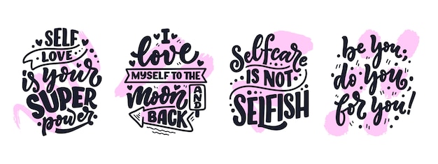 Set with selfcare lettering quotes for blog or sale