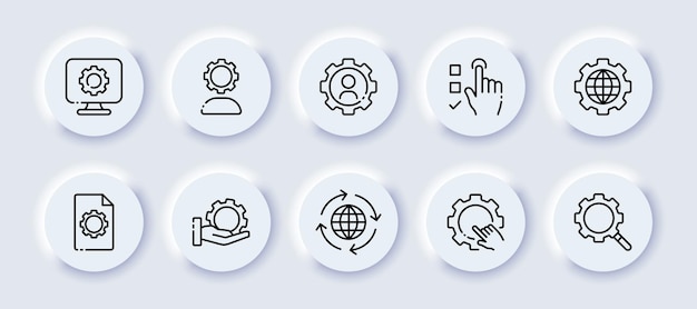 Settings set icon Gear control slider dropdown menu laptop hand magnifier phone head arrow download fix repair construction hardware software Neomorphism style Vector line icon