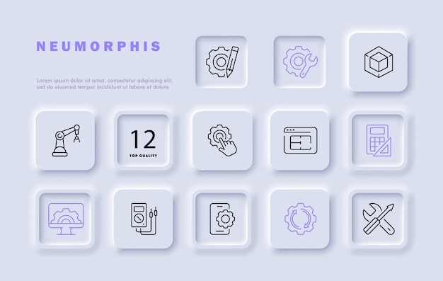 settings set line icon gears controls pencil screwdriver calculator protractor neomorphism style vector line icon for business and advertising
