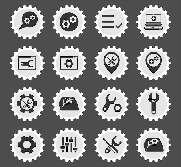 Settings symbols on a round postage stamp stylized icons
