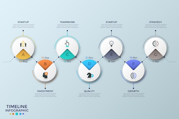 seven circular paper white elements with linear symbols, letters and date indication connected by horizontal zigzag line. project completion plan. infographic design template. vector illustration.