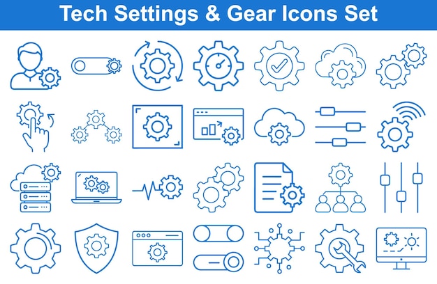 Several blue outline style tech settings and gear icons offer technological concepts