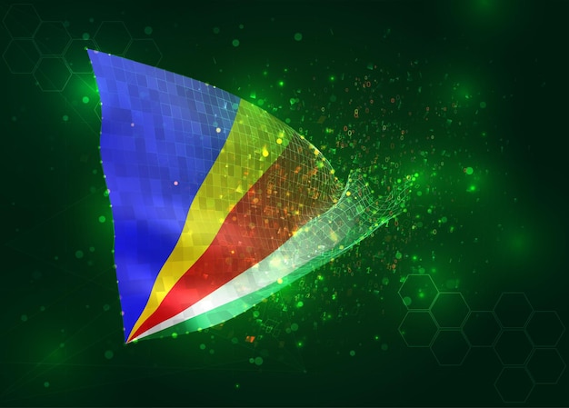 Seychelles on vector 3d flag on green background with polygons and data numbers