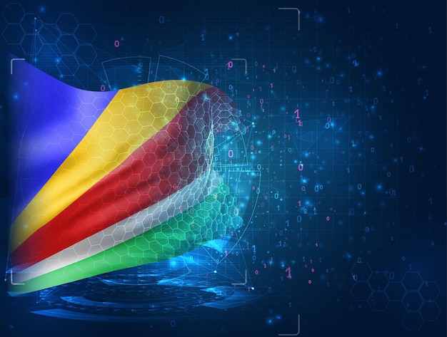 Seychelles, vector 3d flag on blue background with hud interfaces