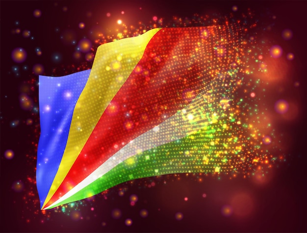Seychelles, vector 3d flag on pink purple background with lighting and flares