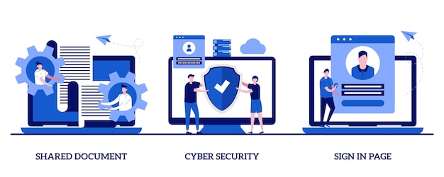 Shared document, cyber security, sign in page concept with character