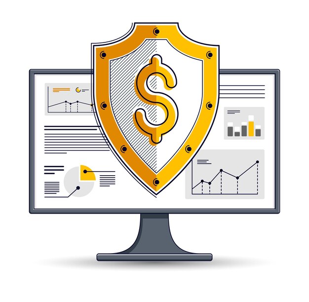Shield over computer monitor, internet financial security concept, online finance protection, vector flat thin line design, elements can be used separately.