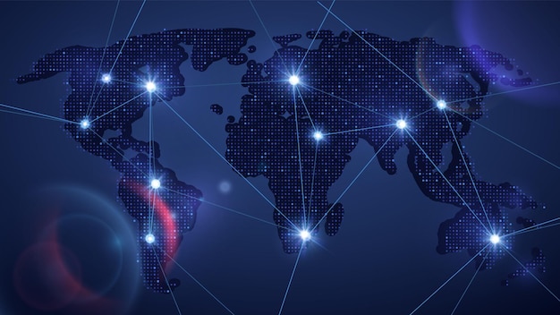 shine world map. multicultural network, information transfer between countries. international work, lights abstract vector background