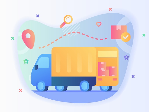 Shipping truck carry box package tracking location with flat style vector design
