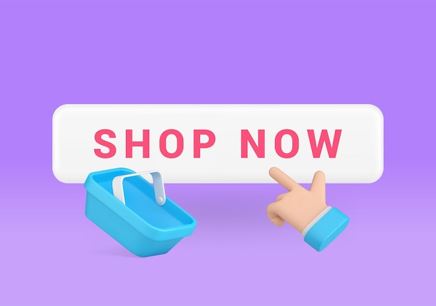 shop now button with business man hand click cursor and shopping cart 3d icon realistic vector