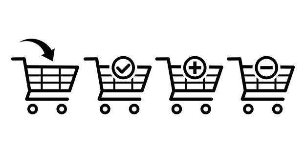 shopping cart icons set collection. online store. supermarket trolley set. add item to cart.
