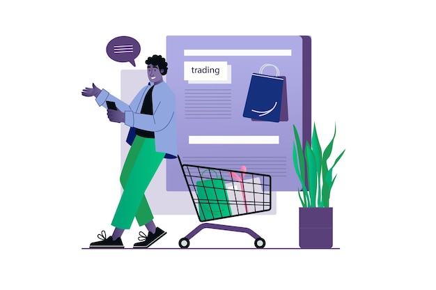 Shopping concept with people scene in the flat cartoon design A man chooses a product