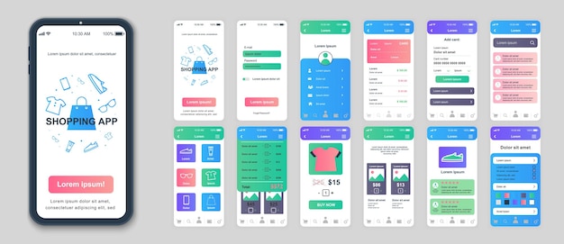 Shopping mobile app interface screens template set Online account assortment goods price and info ordering payment tracking Pack of UI UX GUI kit for application web layout Vector design