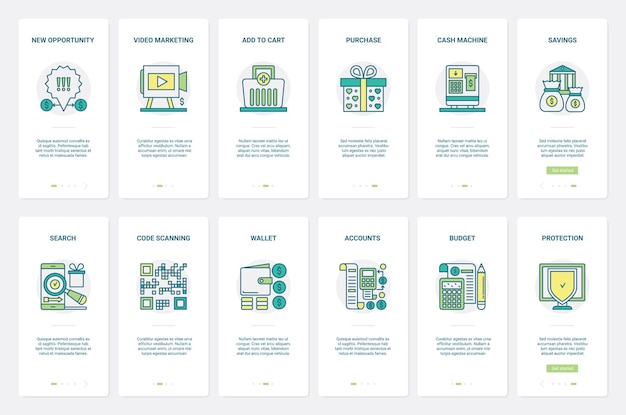 shopping secure payment for purchases ux ui onboarding mobile app page screen set