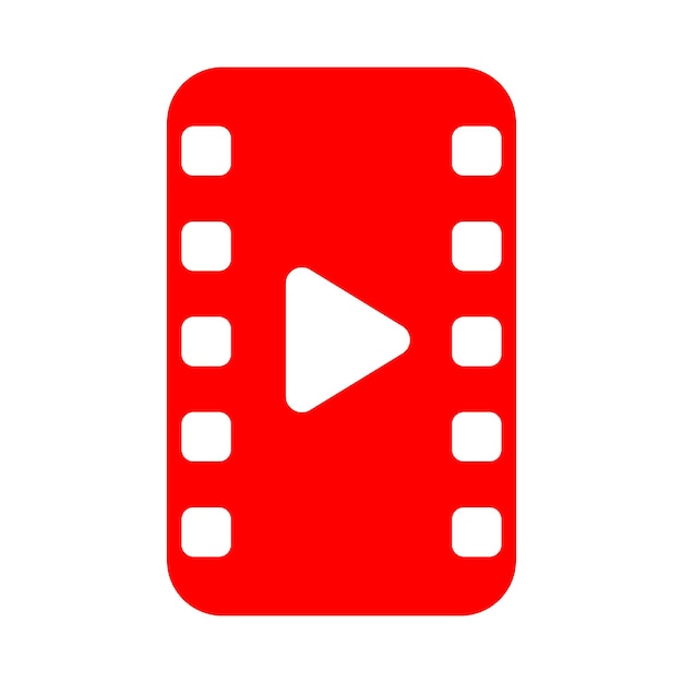Short video on a red screen in the form of a film tape and play button video for smartphones and phones Vector illustration of the symbol of entertainment and short content