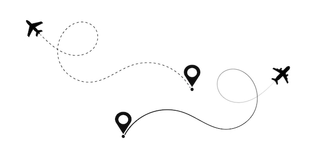 Showcasing an airplanes flight path with dashed lines and location markers Airplane flight route wi