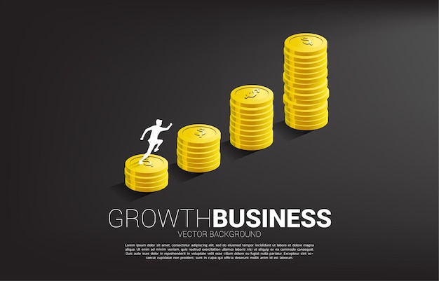 Silhouette of businessman running on growth graph with stack of coin.