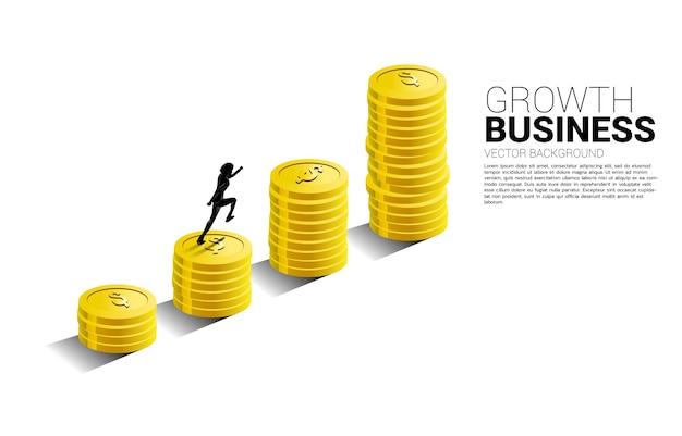Silhouette of businessman running on growth graph with stack of coin.