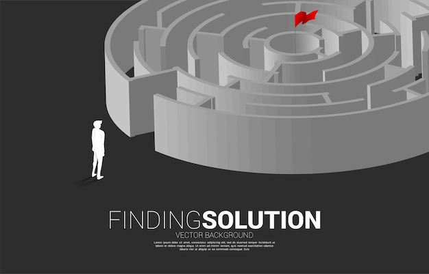 Silhouette of businessman standing with circle maze game. Business concept for problem solving and finding idea.