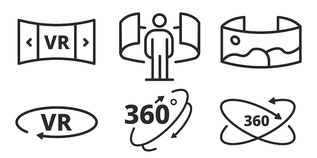 Simple 360 degree image and video related vector line icons set