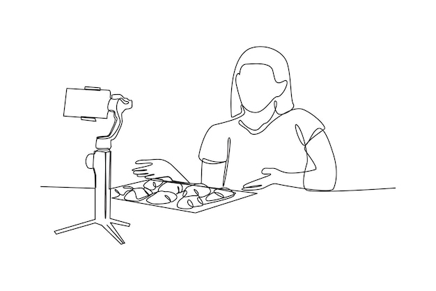 simple continuous line drawing of a food vlogger is filming in front of the camera Food vlogger minimalist concept Food people simple line