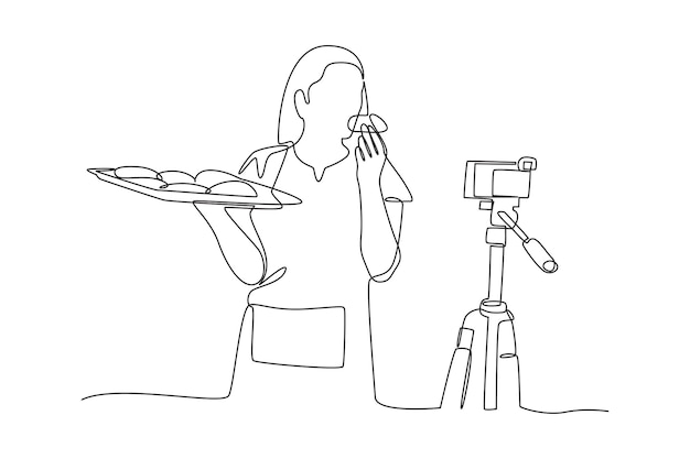 simple continuous line drawing of a food vlogger is filming in front of the camera Food vlogger minimalist concept Food people simple line