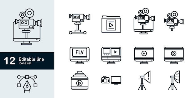 Simple Outline Set of Video Production icons Linear style icons pack Vector illustration