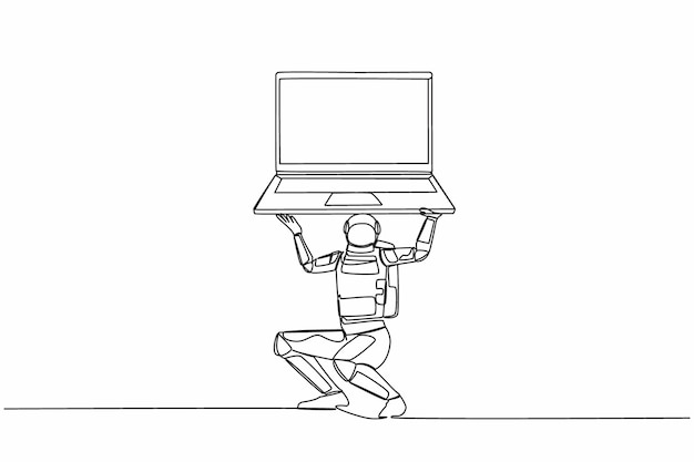 single continuous line drawing astronaut carrying heavy laptop computer on his back design vector