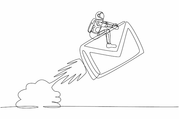 single continuous line drawing astronaut riding paper envelope rocket flying in moon design vector