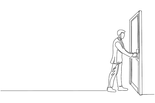 Single continuous line drawing businessman holding a door knob Entering room in office building