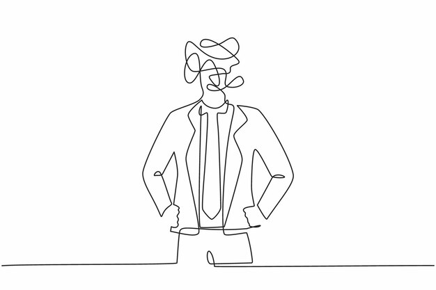 single continuous line drawing businessman with round scribbles instead of head holding hand on hip