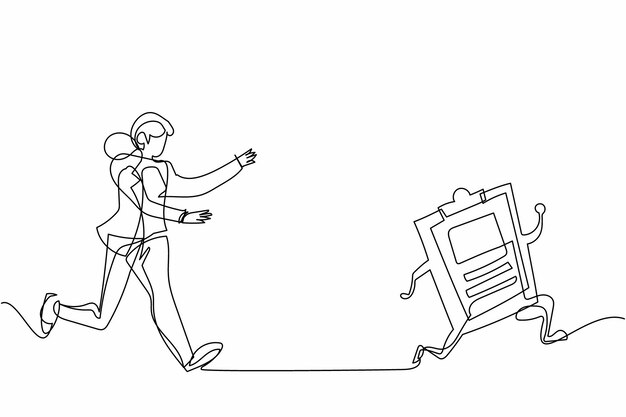 Single continuous line drawing businesswoman run chasing try to catch clipboard design vector