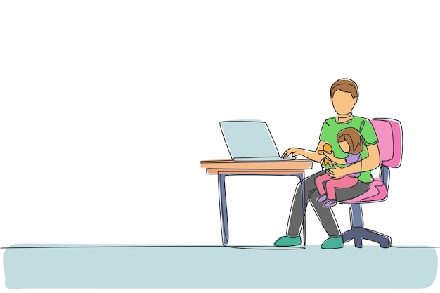 single continuous line drawing dad siting on sofa and holding his daughter while typing on laptop