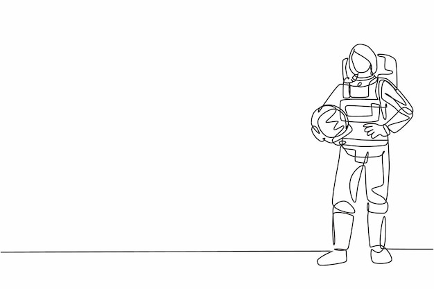 single continuous line drawing female astronaut holding helmet with hands design vector illustration