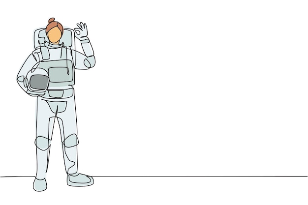 Single continuous line drawing female astronaut stands wearing a space suit exploring earth moon