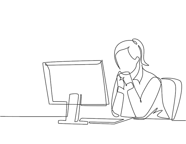 Single continuous line drawing female manager sitting calmly in front of laptop thinking business