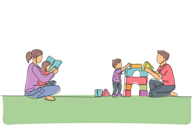 Single continuous line drawing mother reading book and father playing block puzzle house with son