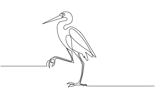 Single continuous line drawing of adorable standing heron