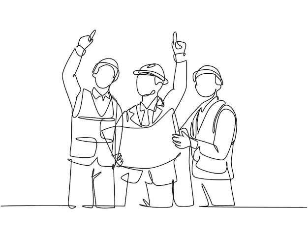 single continuous line drawing of architect holding blueprint and discussing building construction