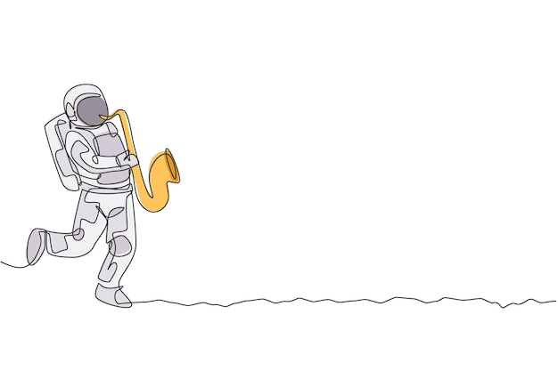 Single continuous line drawing of astronaut playing saxophone musical instrument on moon surface