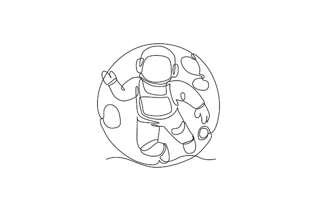 single continuous line drawing of science astronaut in spacewalk flying against full moon vector
