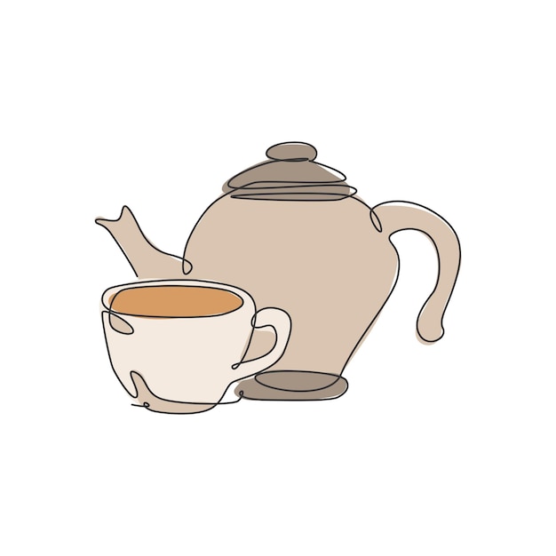 Single continuous line drawing of stylized clay ceramic teapot and porcelain cup of tea drink shop