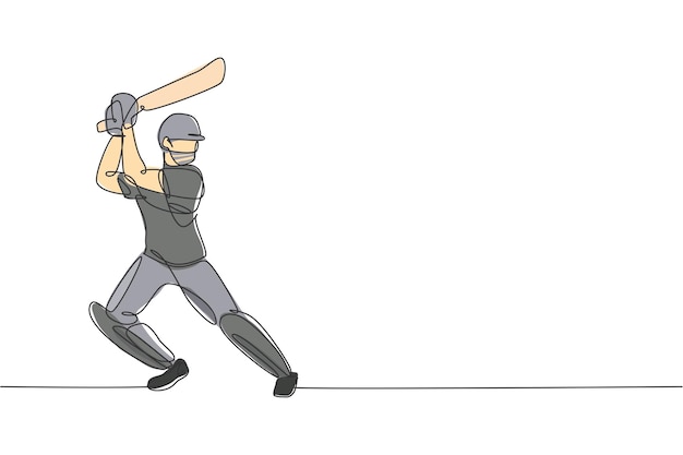 single continuous line drawing of young agile man cricket player standing and practice to swing bat