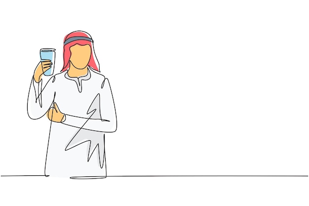 Single continuous line drawing portrait of happy young Arabian man holding glass of orange juice