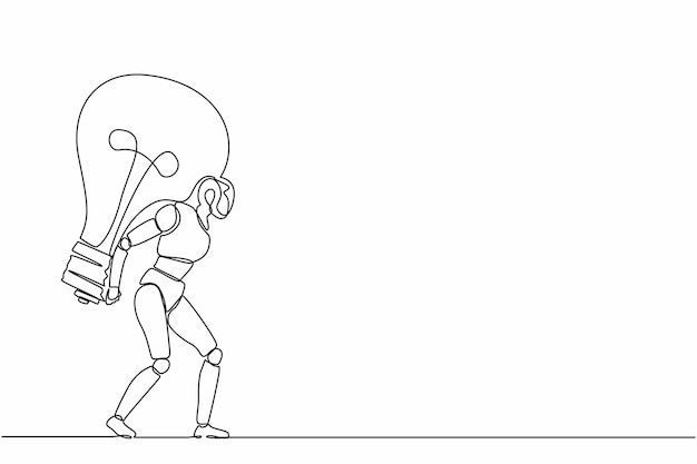 Single continuous line drawing robot carrying heavy big lightbulb Future technology development
