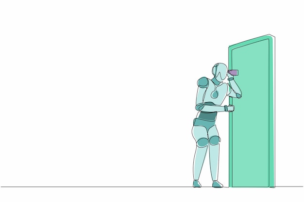 Single continuous line drawing robot eavesdropping and listening conversation at door illustration
