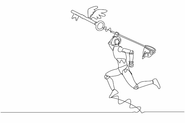 single continuous line drawing robot try to catching flying key with butterfly net find key vector