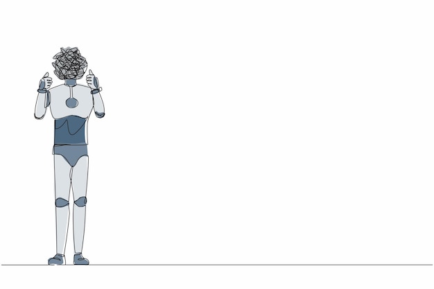 Single continuous line drawing robot with round scribbles instead of a head Confused robot standing