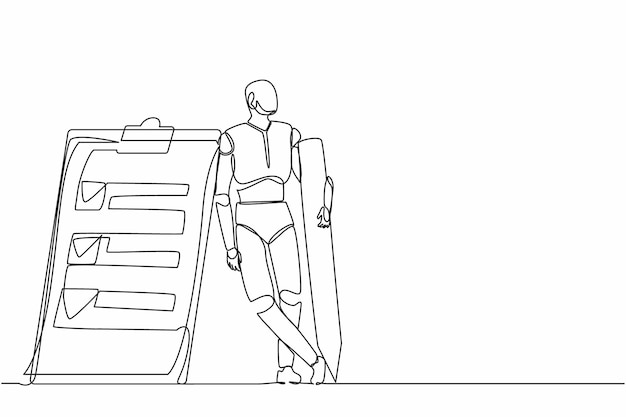 Single continuous line drawing robots holding big pencils lean on clipboards Electronic technology
