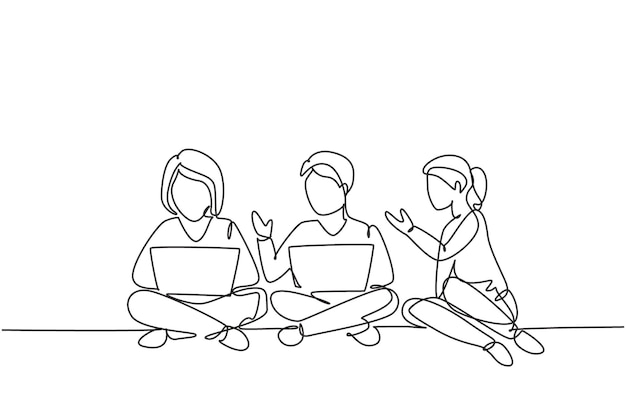 single continuous line drawing three students studying with laptop and sitting on the floor together
